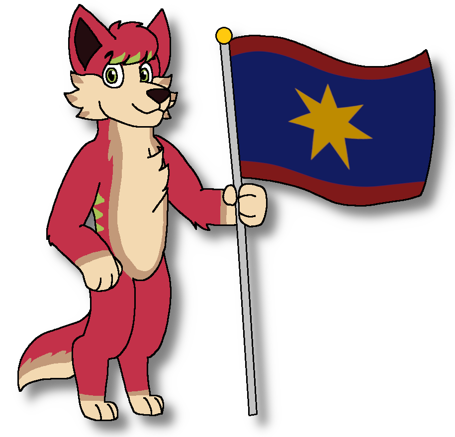 Razz Delta, a raspberry-red wolf character representing Zo, holding Zo’s blue, red, and gold heritage flag