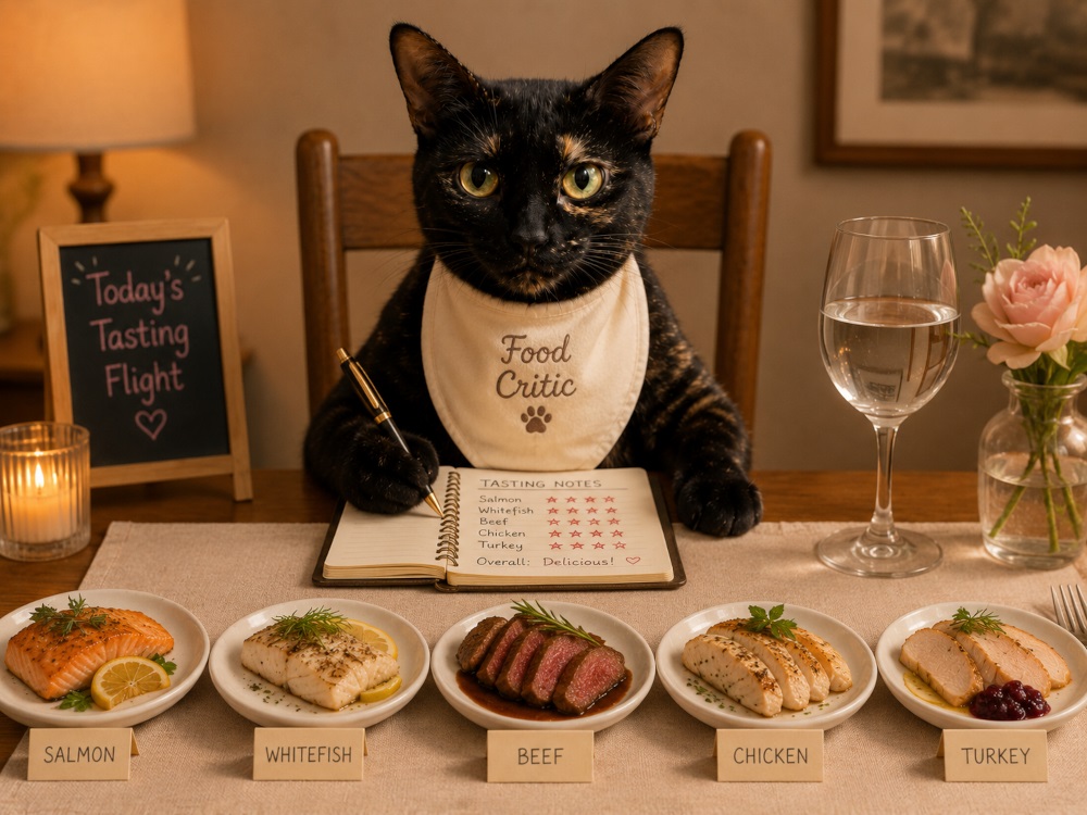 Baby depicted as a food critic evaluating several dishes